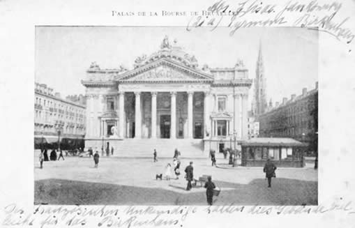 Börse in Brüssel; Bildunterschrift: "Des Französischen Unkundige halten dieses Gebäude vielleicht für das Birkenhaus"